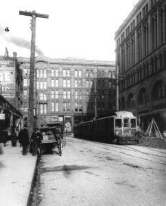 Looking north on Occidental Ave S from Yesler Way, ca 1903 (CURTIS 2045)