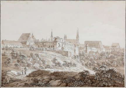 Lot 1822-8632. Adrian Zing. View of a city with ruins. Unsigned. Handcoloured engraving. Sheet size 326×465 mm