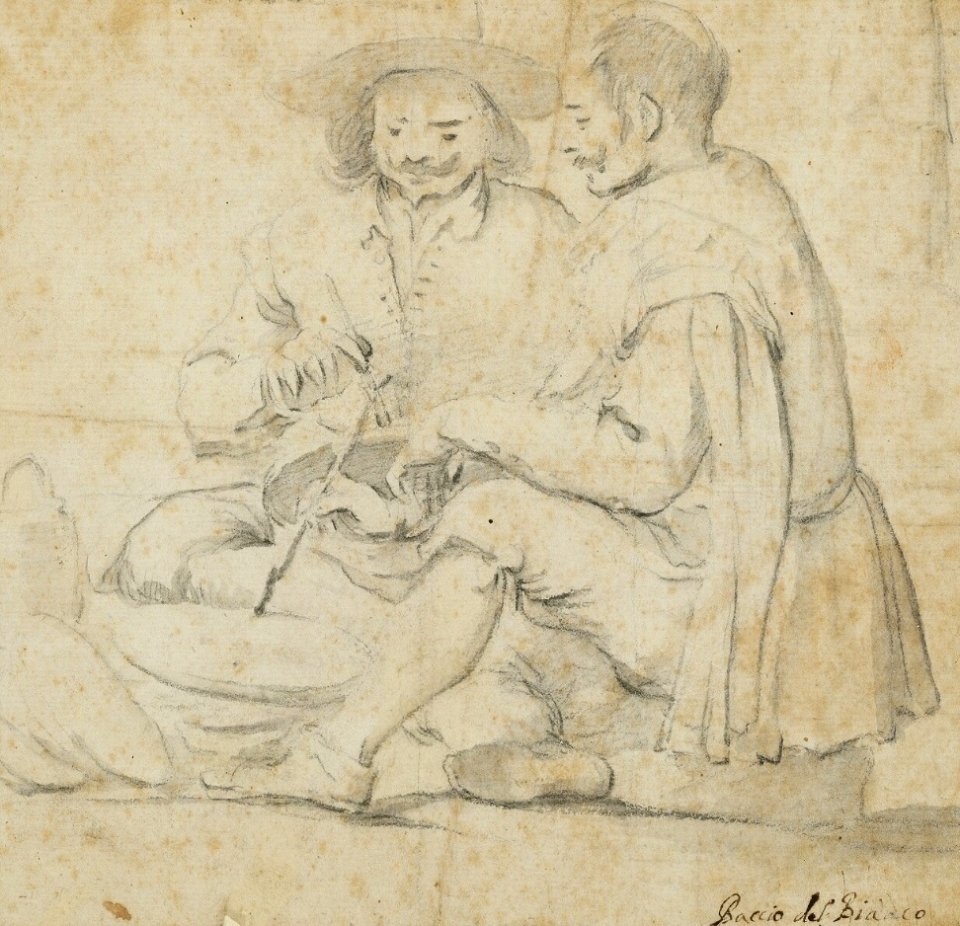 Lot 879-469. Baccio del Bianco, attributed to. Two artists decorating ceramics. Unsigned. Black chalk and wash on paper. Sheet size 178×181 mm