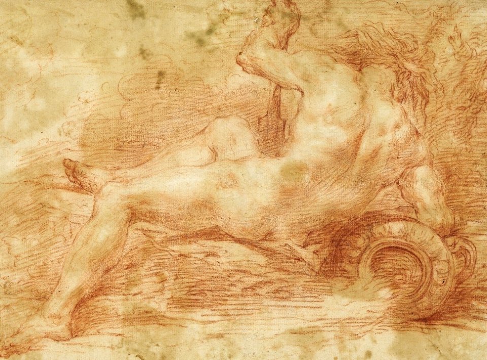 Lot 879-475. Roman school. 17th century A reclining river god. Unsigned. Red chalk on paper. Sheet size 256×345 mm