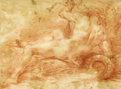 Lot 879-475. Roman school. 17th century A reclining river god. Unsigned. Red chalk on paper. Sheet size 256×345 mm