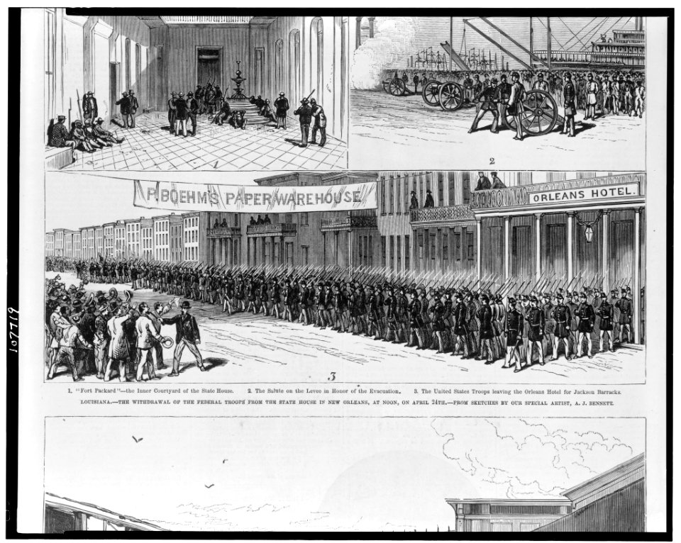 Louisiana-the withdrawal of the federal troops from the State House in New Orleans, at noon, on April 24th - from sketches by our special artist, A.J. Bennett. LCCN93505869