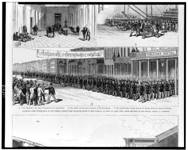 Louisiana-the withdrawal of the federal troops from the State House in New Orleans, at noon, on April 24th - from sketches by our special artist, A.J. Bennett. LCCN93505869