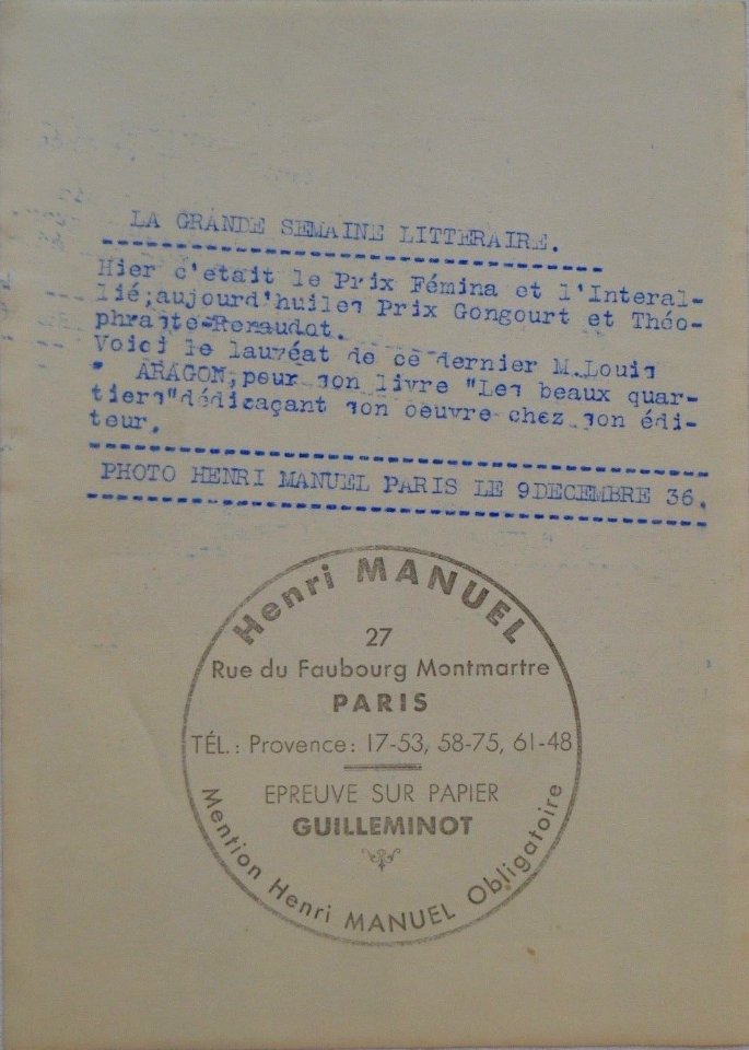 Louis Aragon 9 décembre 1936 - Henri Manuel photo verso
