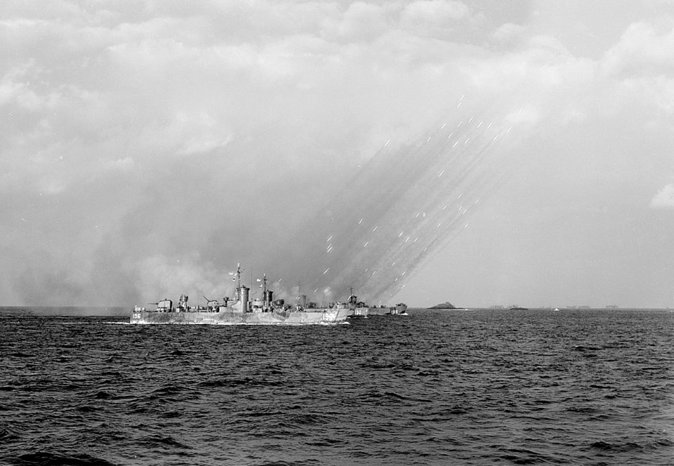 LSM(R)s firing rockets in Kerama islands 1945