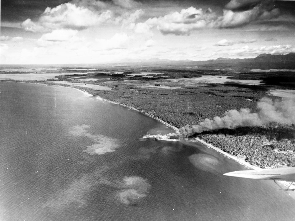LST-340 burning off Guadalcanal after bomb hit on 16 June 1943