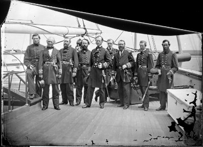 Lt. Com. E.J. Dickman, Fleet Surg. William Johnson, Paymaster J.H. Watmough, Com. J.M. Bedford, Admiral John A.... - NARA - 530562