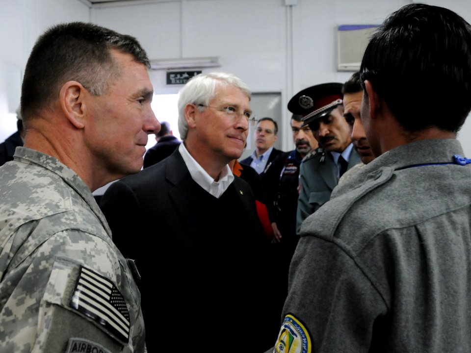 Lt. Gen. Caldwell and U.S. Senator Roger F. Wicker talk with Afghan police officers during a tour (4278920834)