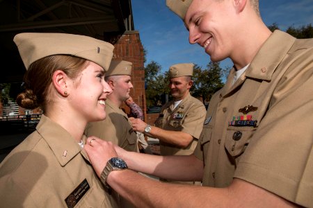 Lt. j.g. Leveque receives her dolphins. (8249001563)