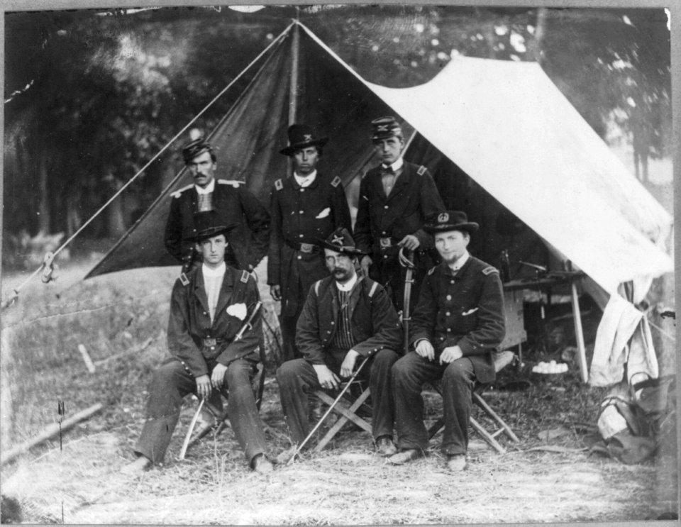 Lt. Rufus King, Lt. Alonzo Cushing, Lt. Evan Thomas and three other artillery officers in front of tent, Antietam, Md. LCCN2004667743