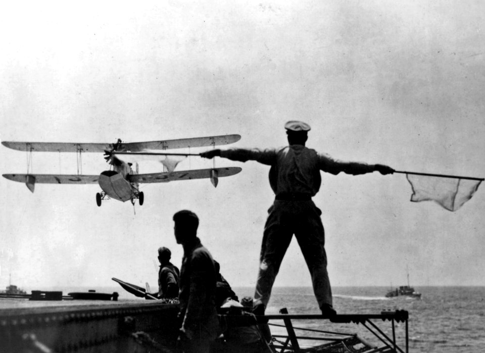 LSO guiding Loening OL aboard USS Lexington (CV-2) 1931