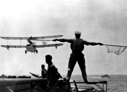 LSO guiding Loening OL aboard USS Lexington (CV-2) 1931