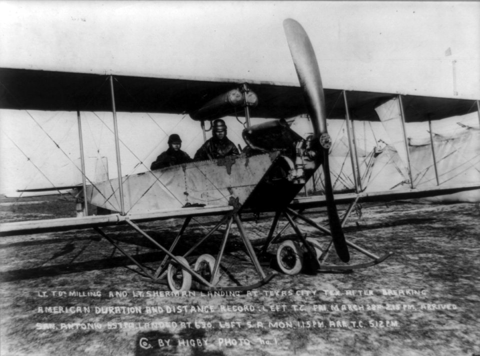 Lt. Thomas DeWitt Milling and Lt. Sherman in airplane at Texas City after breaking American duration and distance record, March 28, 1913 LCCN2002698465