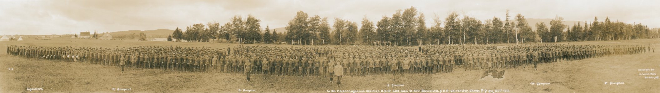 Lt.-Col. F.A. Gascoigne and officers, NCO's and men of 60th Battalion, CEF, Valcartier Camp, P.Q., Aug. 26, 1915. Signallers, companies 'A', 'B', 'C', 'D', 'E'. No. 14 (HS85-10-30763)