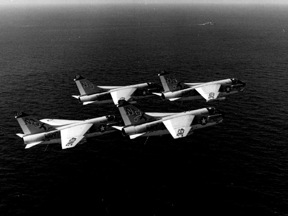 LTV A-7E Corsair IIs of VA-147 in flight over the Indian Ocean on 14 November 1974 (KN-22883)
