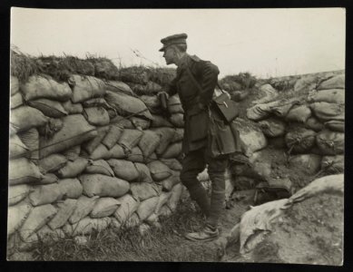 Lucian Swift Kirtland leaning against sandbags in trench LCCN2012646951