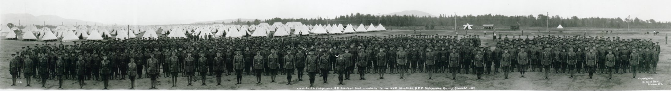 Lt.-Col. J.R. Kirkpatrick, OC, officers and members of the 55th Battalion, CEF, Valcartier Camp, Canada, 1915. No. 8.D (HS85-10-30690) photo