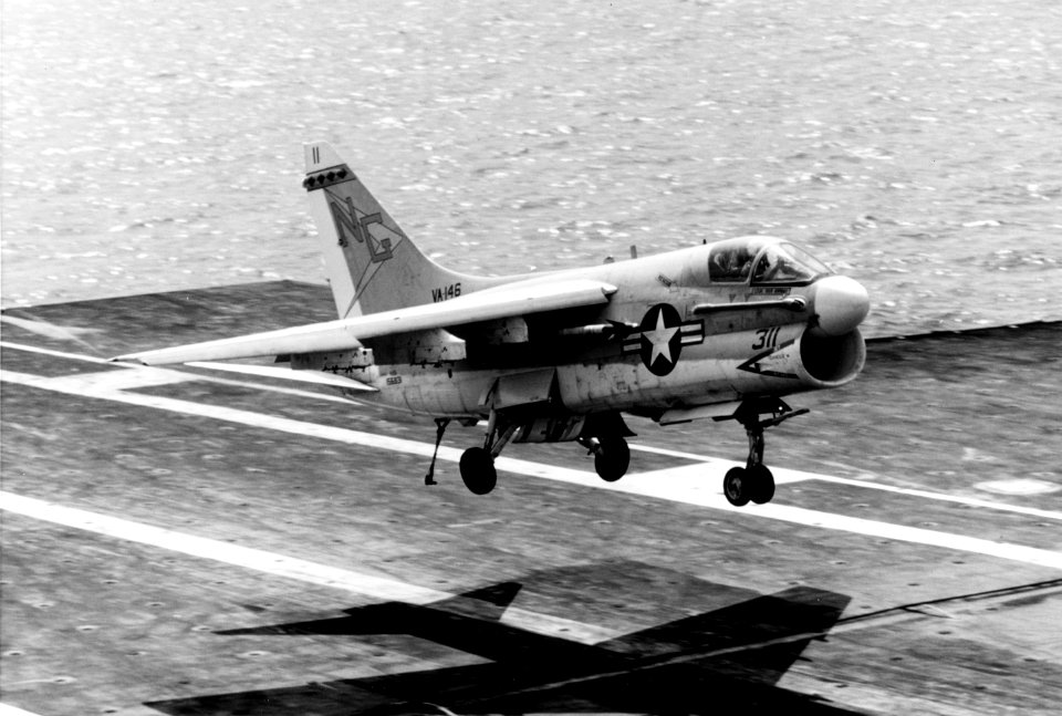 LTV A-7E Corsair II of VA-146 lands aboard the aircraft carrier USS America (CVA-66) on 13 July 1970 (K-85588)