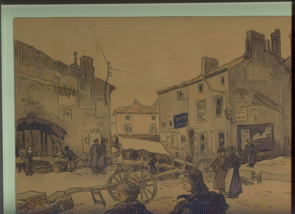 Lucien Ott Vue de la place du marché à Toul 1918 . Aquarelle et crayon graphite. France, collection particulière