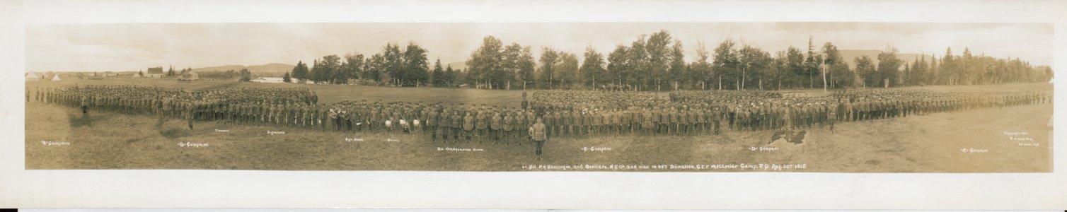 Lt.-Col. F.A. Gascoigne and officers, NCO's and men of 60th Battalion, CEF, Valcartier Camp, P.Q., Aug. 26, 1915. Headquarters staff, companies 'A', 'B', 'C', 'D', 'E'. No. 16 (HS85-10-30765)
