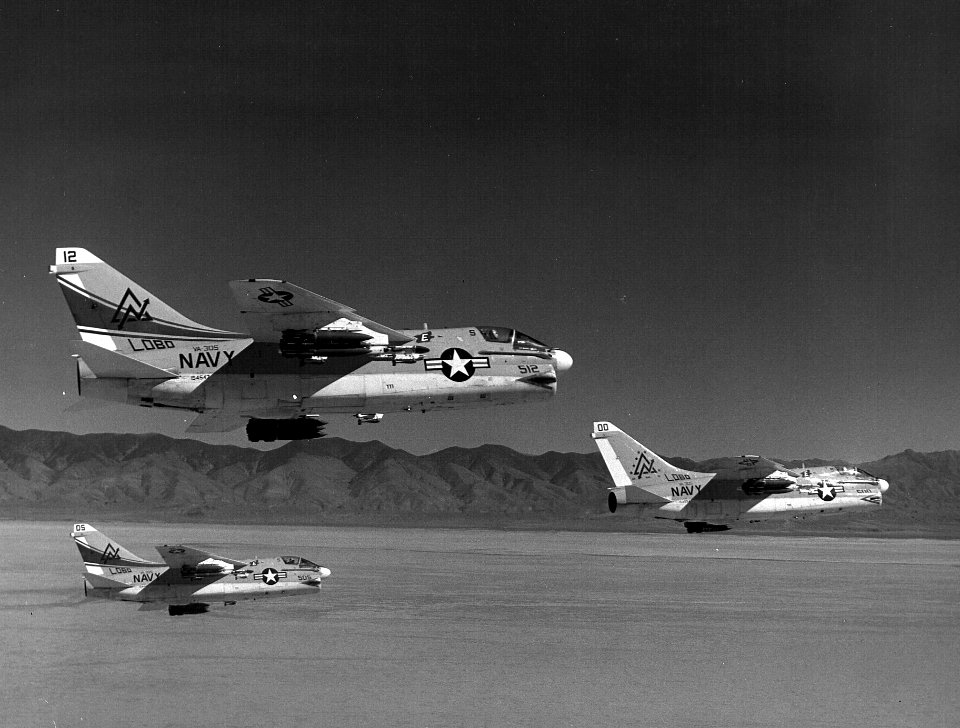 LTV A-7B Corsair IIs of VA-305 in flight over Nevada on 4 September 1979 (NNAM.1996.253.7114.013)