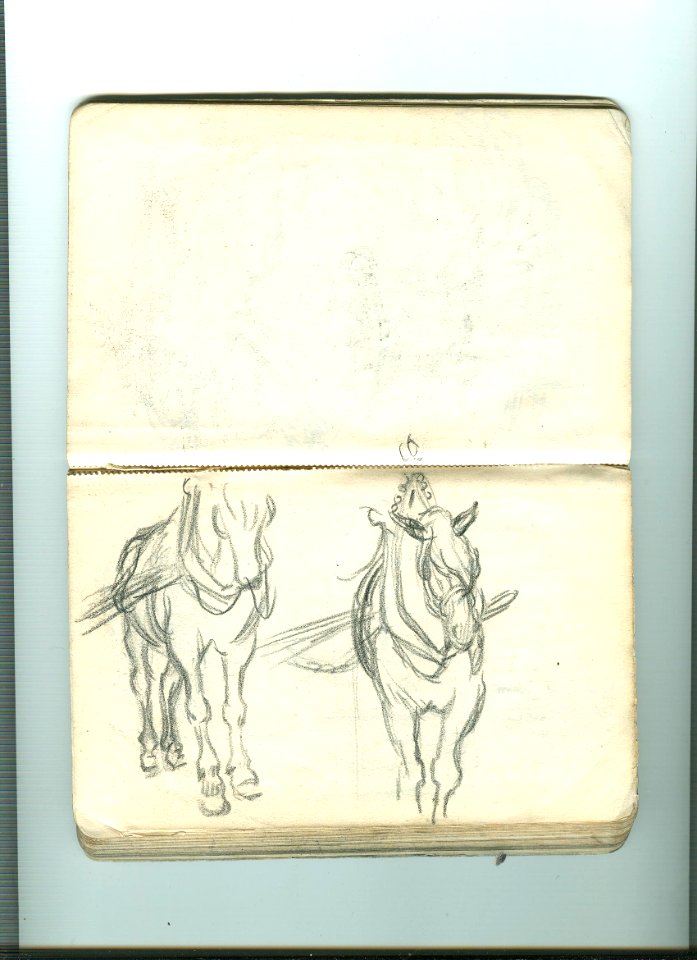 Lucien Ott Etude de deux chevaux harnachés. Dessin au crayon sur papier crème. Vers 1900. France, collection particulière
