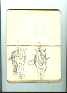 Lucien Ott Etude de deux chevaux harnachés. Dessin au crayon sur papier crème. Vers 1900. France, collection particulière