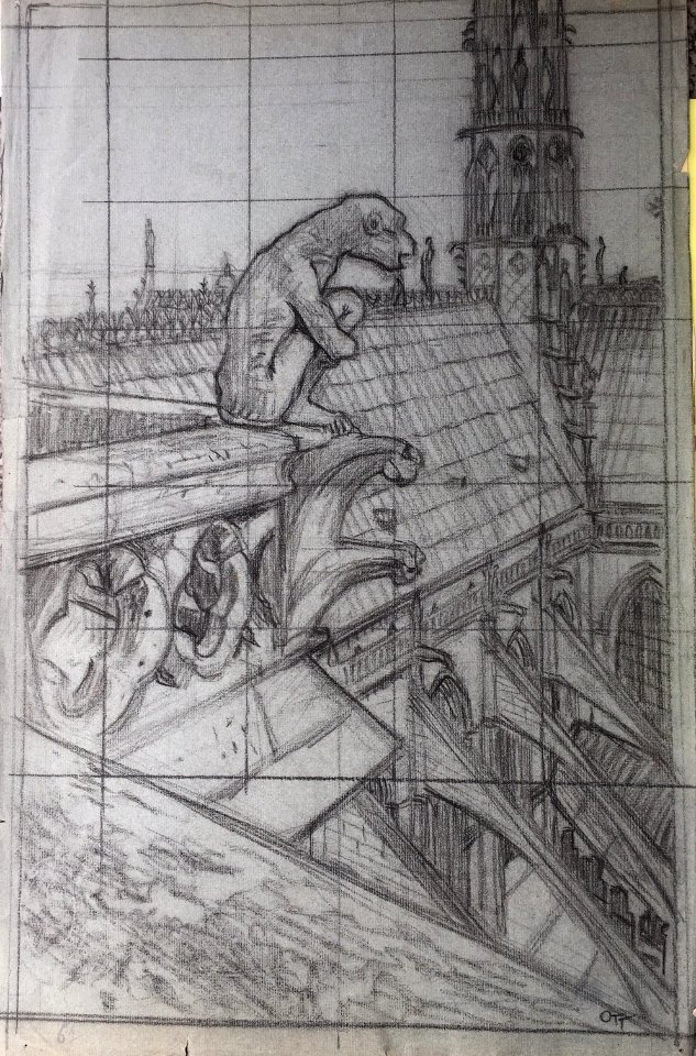 Lucien OTT Les toits de la cathédrale Notre-Dame de Paris, avec traces de mise aux carreaux. France, collection particulière