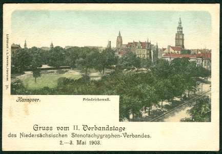 Ludwig Hemmer PC 0050 Hannover. Friedrichswall. Zudruck Gruss vom II. Verbandstage des Niedersächsischen Stenotachygraphen-Verbandes 2.-3. Mai 1903. Bildseite