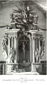 Ludwigswalde, Evangelische Pfarrkirche, Altaraufsatz, um 1725, Bildhauer Joseph Anton Kraus (zugeschrieben)