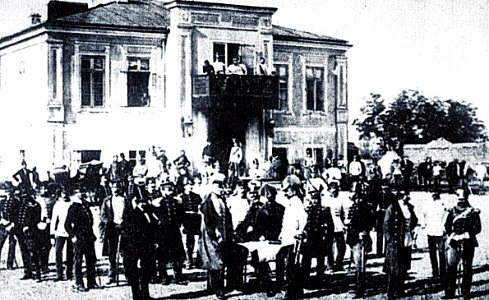 Ludwig Angerer - Coronini and his troops in front of the Meitani House