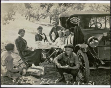 Lunch along the road at Peach Tree Flat with Charles and Joyce Drake, Mendocino County, California, July 17, 1921