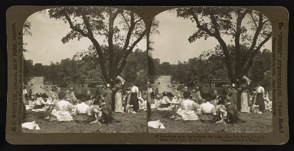 Lunching under the trees by the lake, May Day party, Central Park, New York, U.S.A. LCCN2002736465