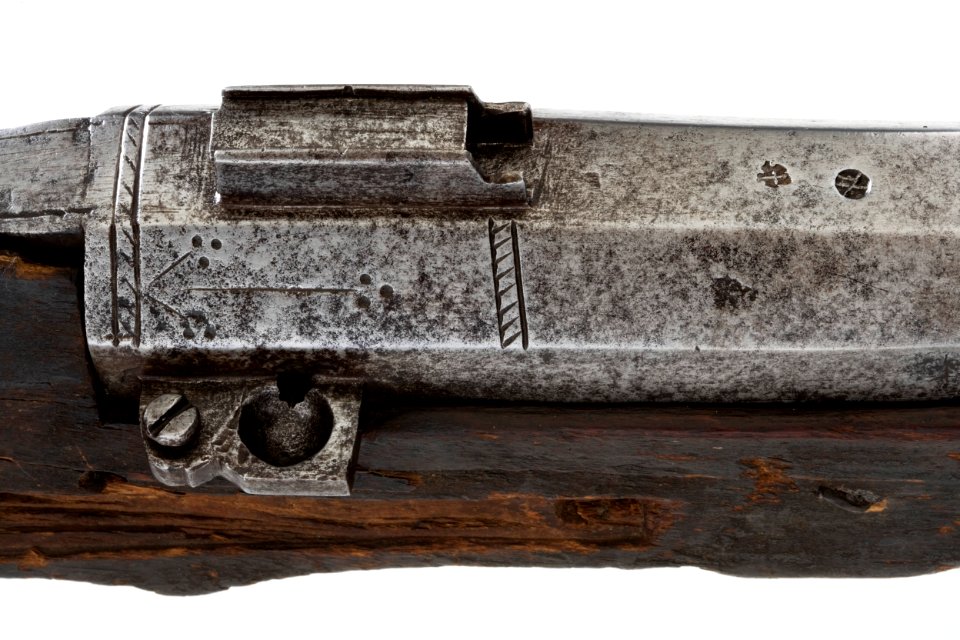 Luntlåshakebössa, detalj, fängpanna, sikte - Livrustkammaren - 7965