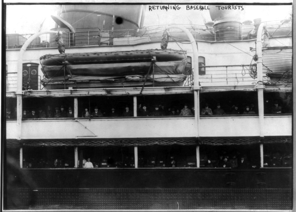 LUSITANIA, 1907-1914, New York City- closeup of passengers and luggage at rail, 6 March 1914 LCCN2002721372