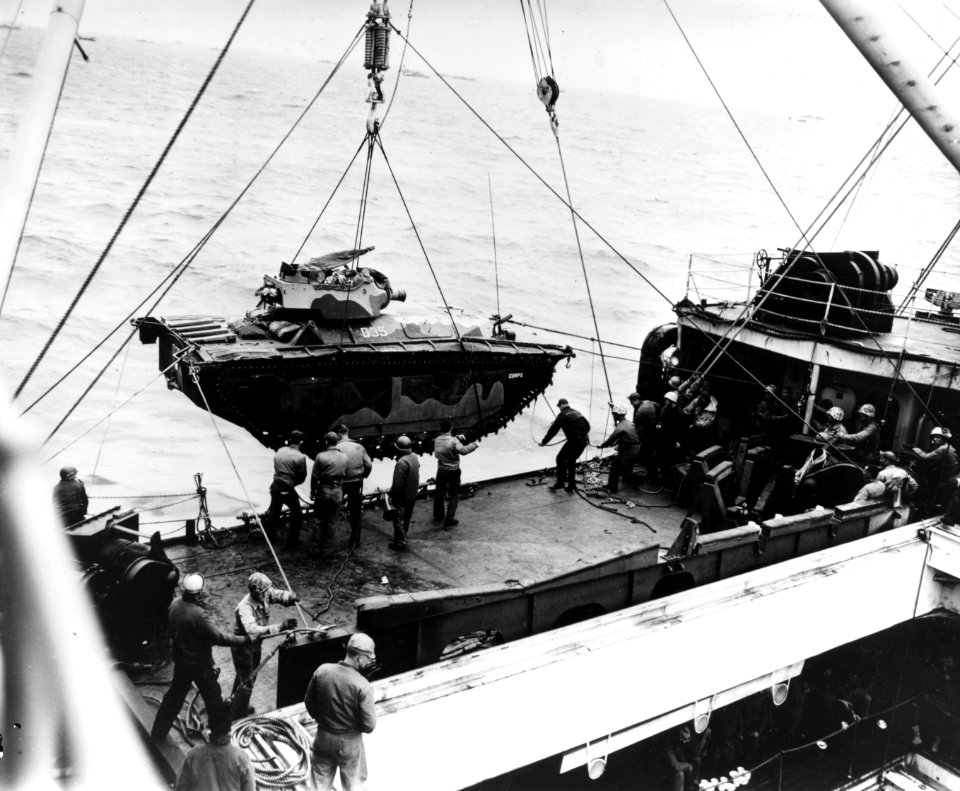 LVT(A)-4 is hoisted from USS Hansford (APA-106) off Iwo Jima 1945