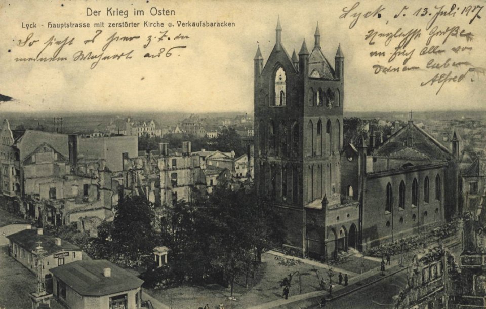 Lyck, Ostpreußen - Hauptstraße mit zerstörter Kirche und Verkaufsbaracken (Zeno Ansichtskarten)
