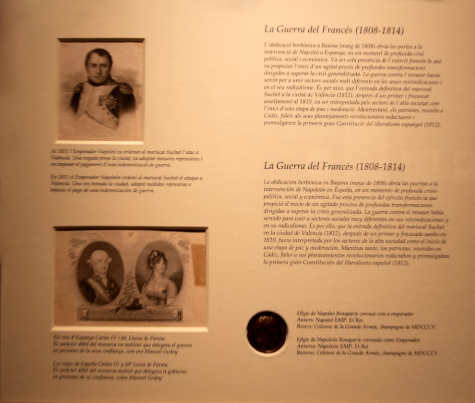 Láminas con Napoleón I Bonaparte y los reyes Carlos IV de España y su consorte la reina María Luisa de Parma