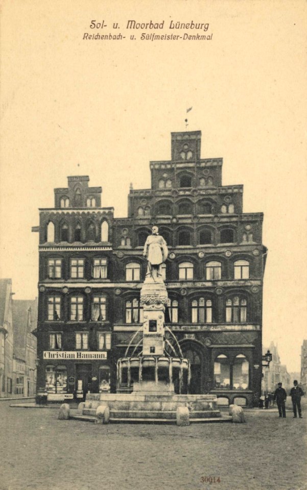 Lüneburg, Niedersachsen - Reichenbach- und Sülfmeister-Denkmal vor Giebelhäusern (Zeno Ansichtskarten)