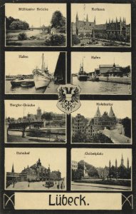 Lübeck, Schleswig-Holstein - Mühlentorbrücke; Rathaus; Hafen (Zeno Ansichtskarten)