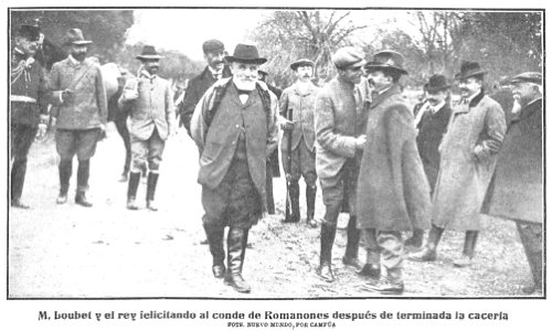 M. Loubet y el rey felicitando al conde de Romanones después de terminada la cacería, de Campúa, Nuevo Mundo, 02-11-1905
