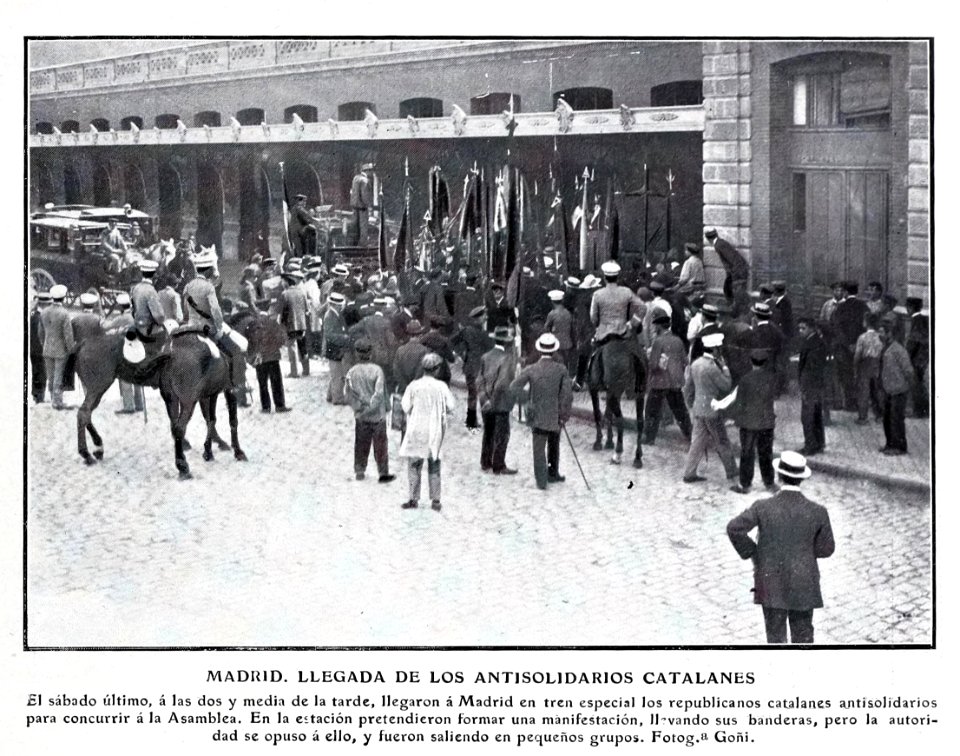 Madrid. Llegada de los antisolidarios catalanes, de Goñi, Blanco y Negro, 29-06-1907