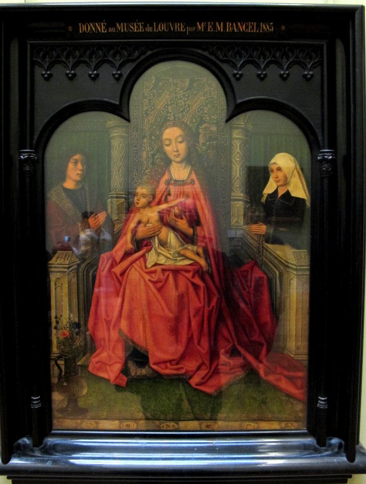 Maestro del 1499, madonna col bambino e una coppia in preghiera, 1490