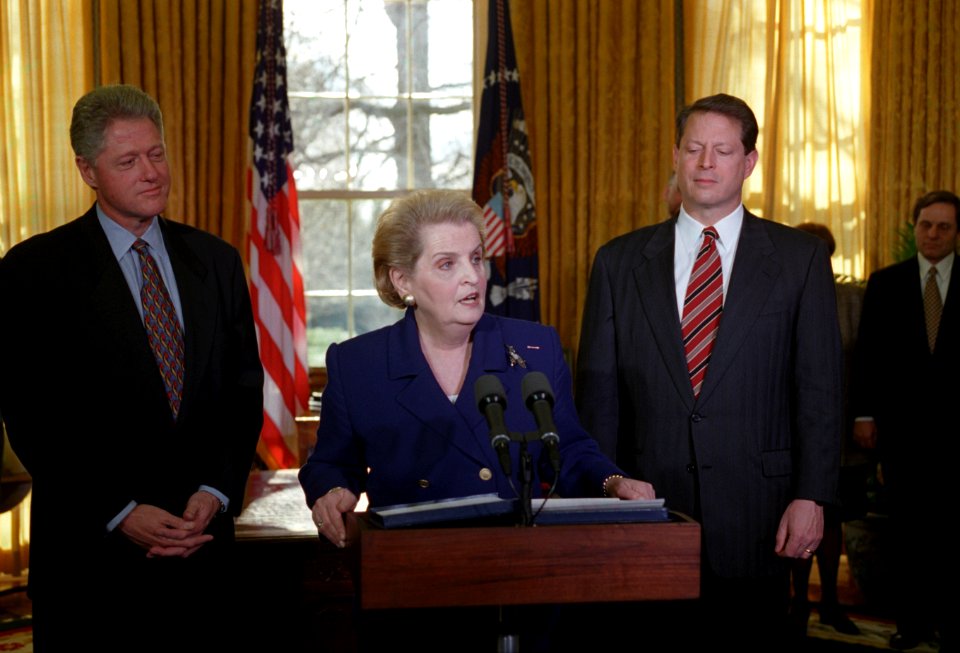 Madeleine Albright speaks at her swearing-in ceremoney as Secretary of State