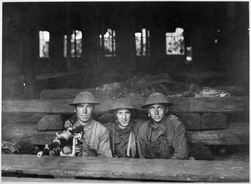 Machine gun set up in railroad shop. Company A, Ninth Machine Gun Battalion. Chteau Thierry, France., 06-07-1918 - NARA - 530730