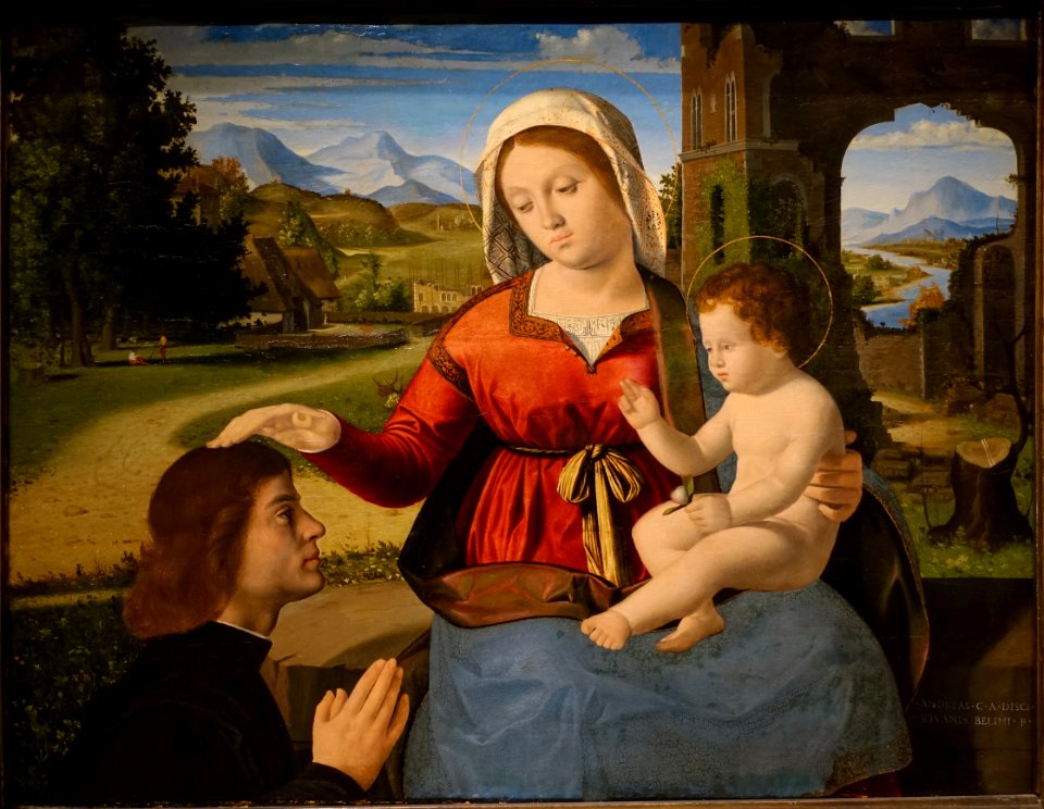 Madonna and Child with a Donor, by Andrea Previtali, Italy, c. 1504-1505, tempera and oil on panel - Wadsworth Atheneum - Hartford, CT - DSC05023