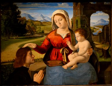 Madonna and Child with a Donor, by Andrea Previtali, Italy, c. 1504-1505, tempera and oil on panel - Wadsworth Atheneum - Hartford, CT - DSC05023