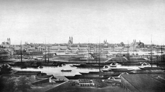 Magdeburg Neuer und Alter Packhof, im Vordergrund die Zollelbe nach einem Stich von G Frank