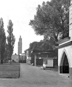 Magdeburg Pavillonstraße der Deutschen Theater-Ausstellung (im Hintergrunde der Ausstellungsturm)