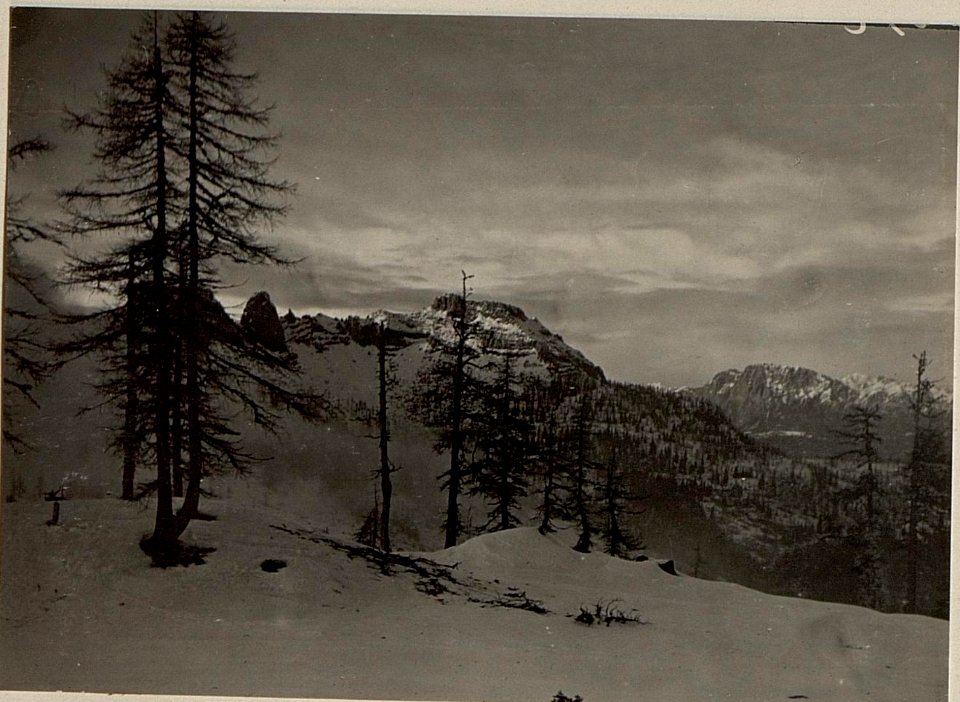 Madritschen + 1914. Artilleriestellung, Blick gegen den Zweikofel Tröppolacher Alm. (BildID 15471345)